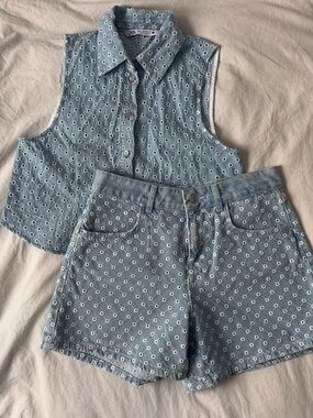 Zara Light Blue Eyelet Denim Two-Piece Set